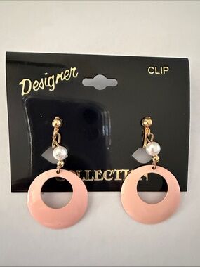 Vintage 80’s Pink Hoop Drop Clip-On Earrings with Pearl Accent